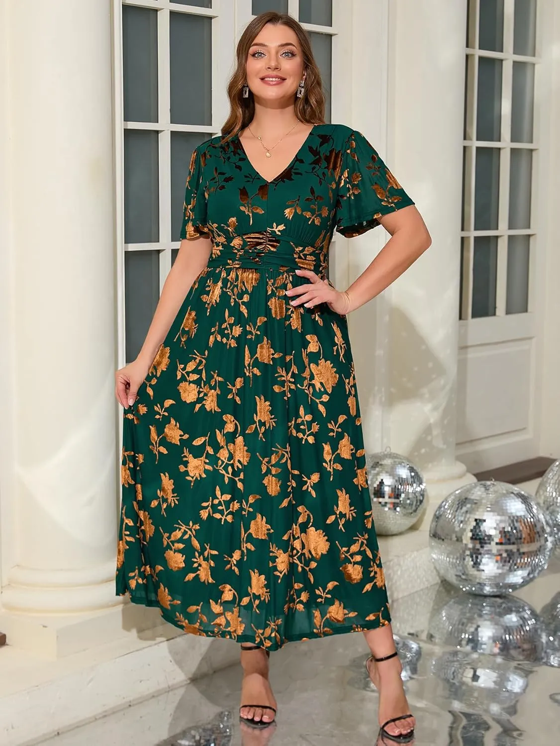 Simplee Womens V Neck Velvet Maxi Dress Short Sleeve Empire Waist Long Formal Dress for Wedding Guest