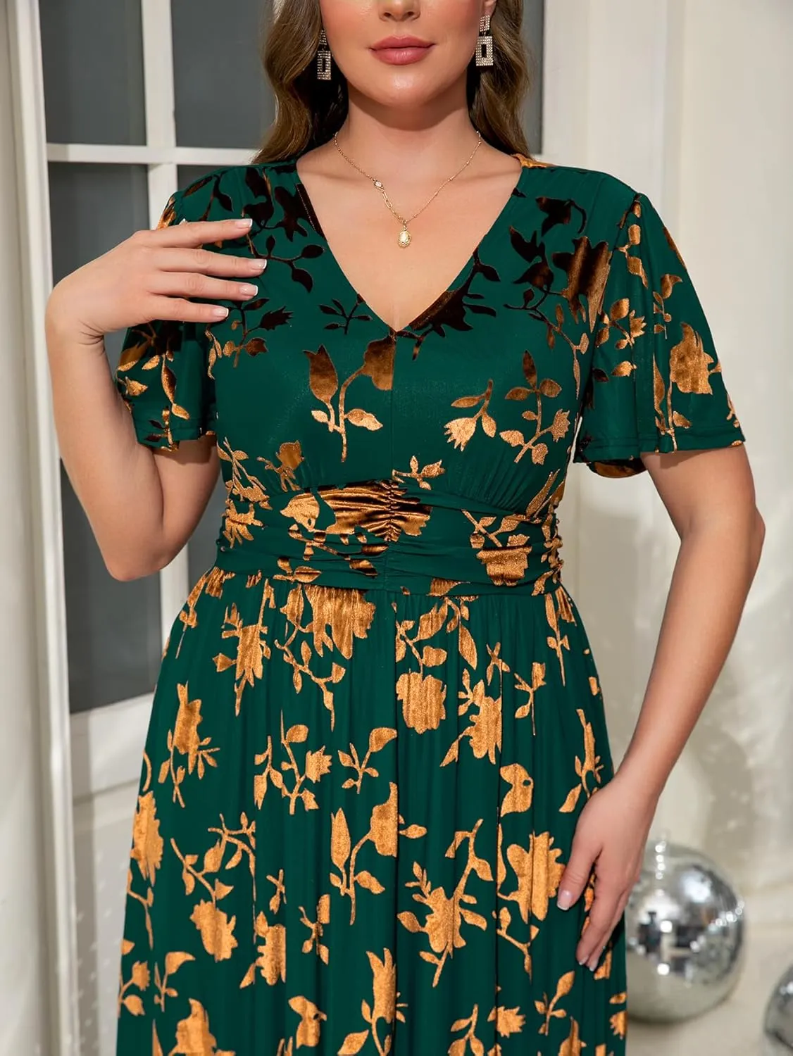Simplee Womens V Neck Velvet Maxi Dress Short Sleeve Empire Waist Long Formal Dress for Wedding Guest