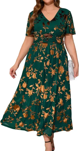 Simplee Womens V Neck Velvet Maxi Dress Short Sleeve Empire Waist Long Formal Dress for Wedding Guest