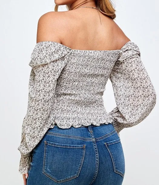 Smocked Off Shoulder Long Sleeve Top