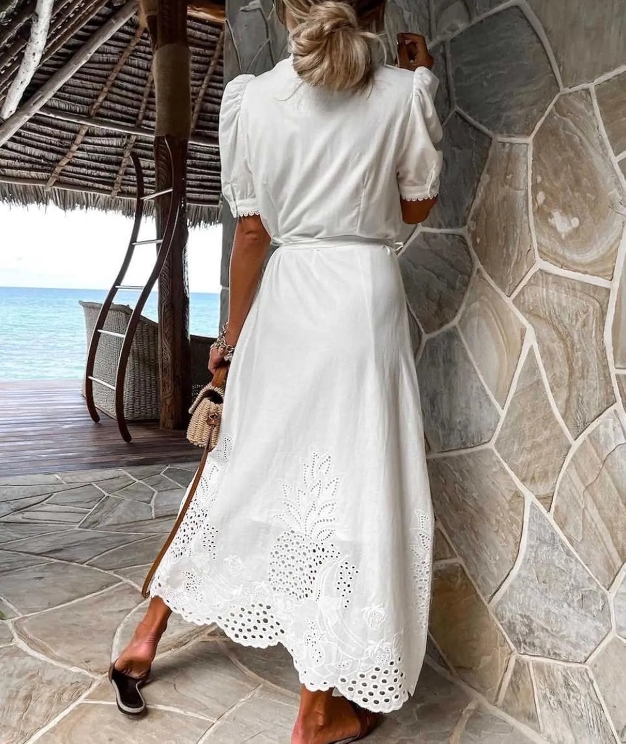 SOMTHRON Women's Embroidered Eyelet Shirt Dress Belted Puff Shirt Sleeve Button Down Boho Lace Swing Maxi Long Dress