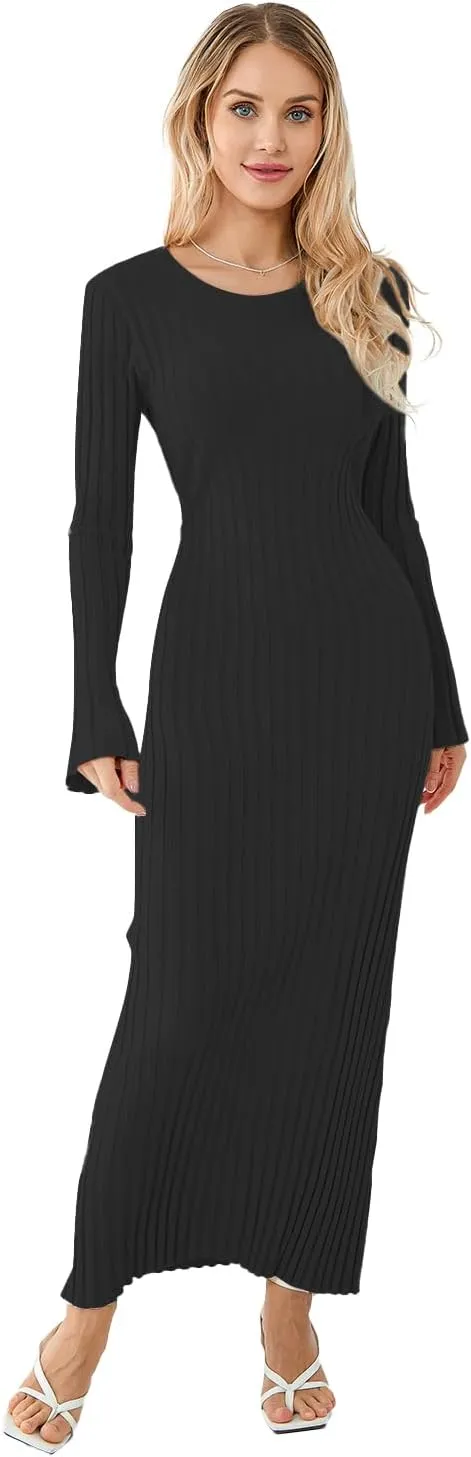 Sweater Dress for Women Ribbed Knit Slim Fit Bell Long Sleeve Maxi Dress Crew Neck Y2K Modest Bodycon Dresses