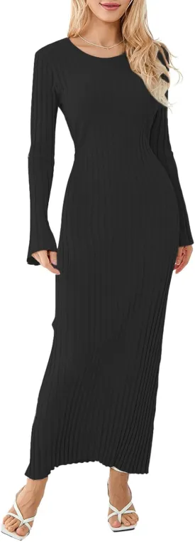 Sweater Dress for Women Ribbed Knit Slim Fit Bell Long Sleeve Maxi Dress Crew Neck Y2K Modest Bodycon Dresses