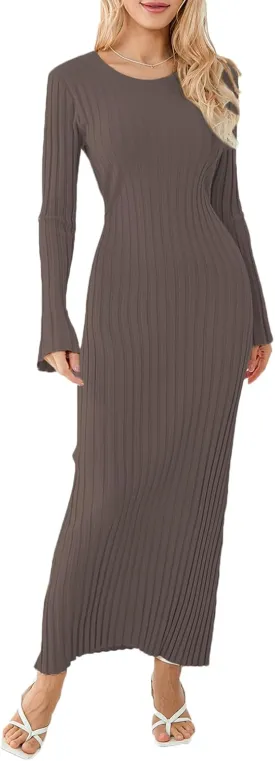Sweater Dress for Women Ribbed Knit Slim Fit Bell Long Sleeve Maxi Dress Crew Neck Y2K Modest Bodycon Dresses