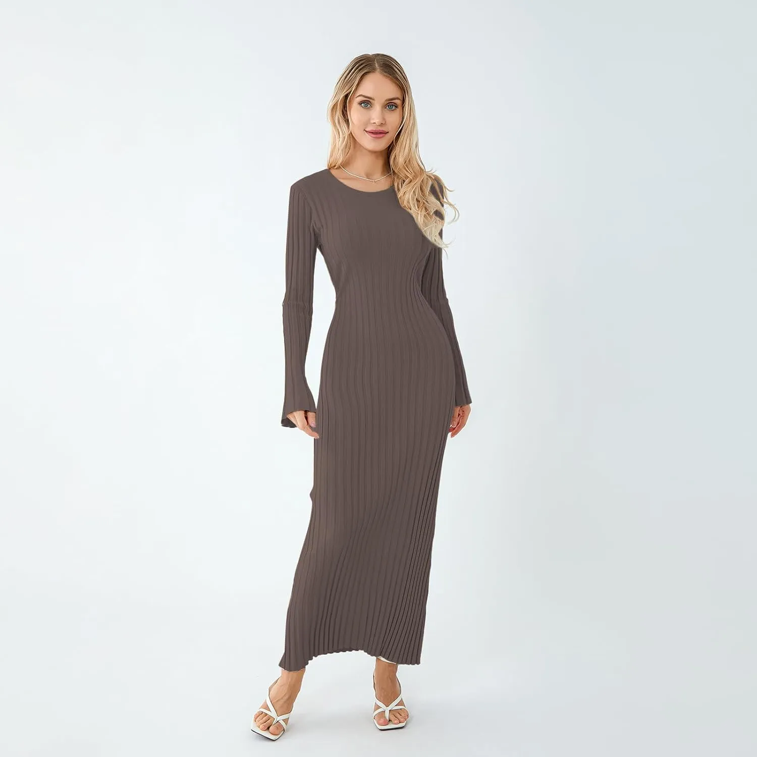 Sweater Dress for Women Ribbed Knit Slim Fit Bell Long Sleeve Maxi Dress Crew Neck Y2K Modest Bodycon Dresses