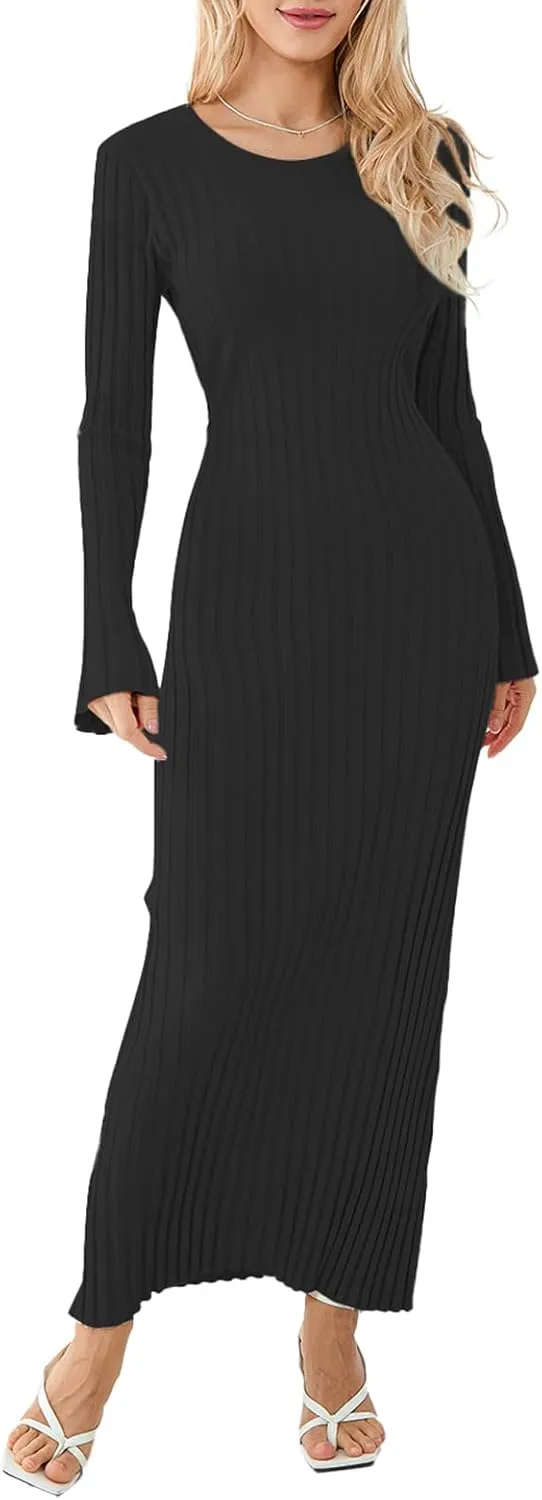 Sweater Dress for Women Ribbed Knit Slim Fit Bell Long Sleeve Maxi Dress Crew Neck Y2K Modest Bodycon Dresses