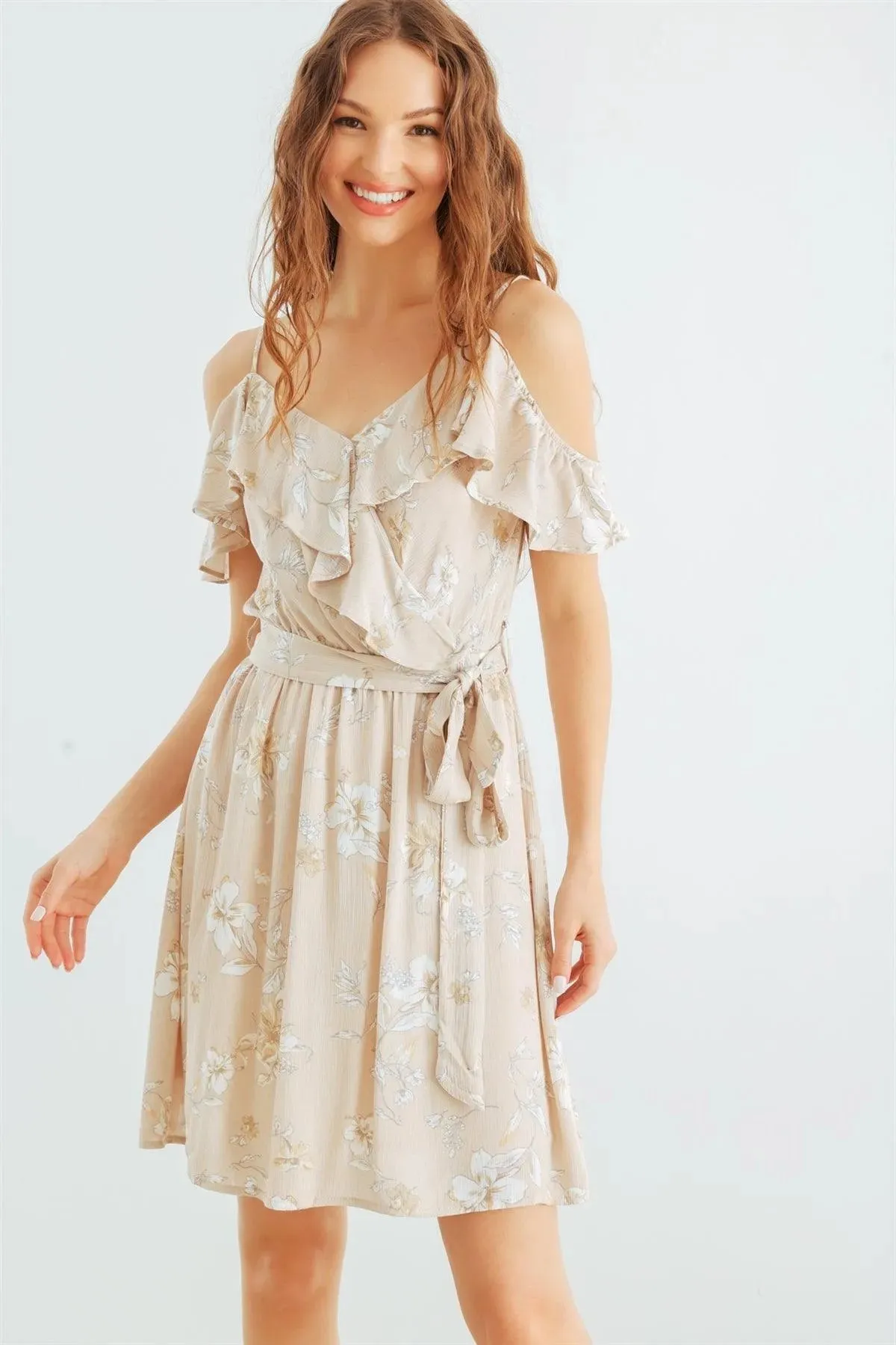 Taupe & White Floral Cold Shoulder Wrap Neck Ruffle Belted Mini Dress /2-2-2