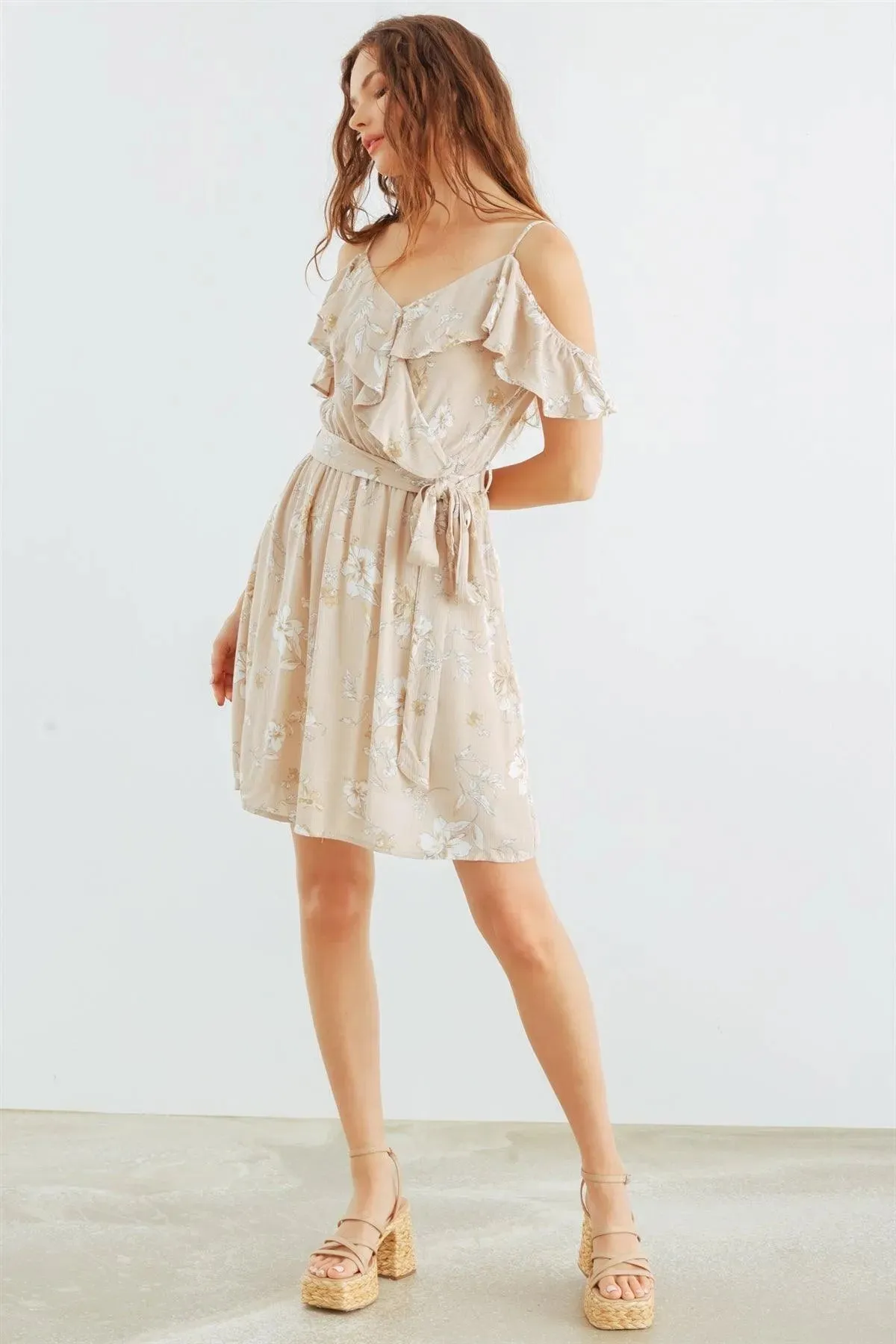 Taupe & White Floral Cold Shoulder Wrap Neck Ruffle Belted Mini Dress /2-2-2