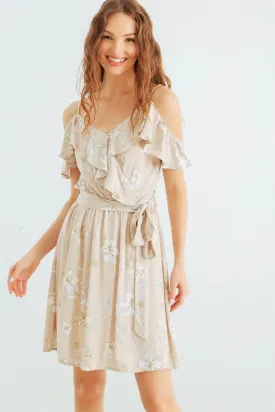 Taupe & White Floral Cold Shoulder Wrap Neck Ruffle Belted Mini Dress /2-2-2