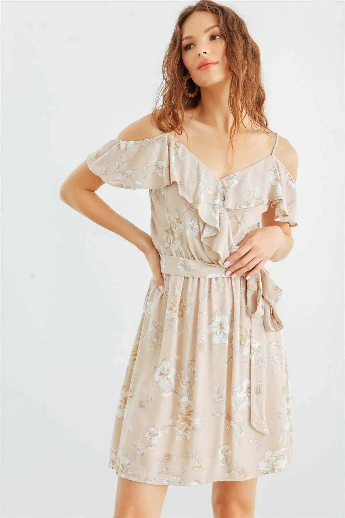 Taupe & White Floral Cold Shoulder Wrap Neck Ruffle Belted Mini Dress /2-2-2