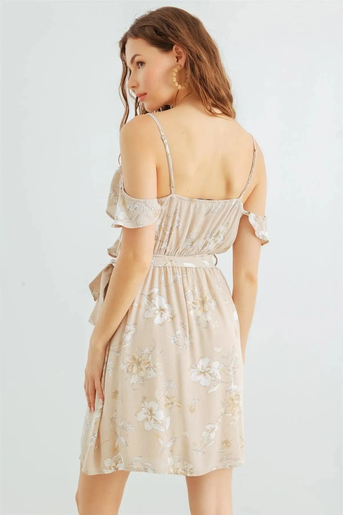 Taupe & White Floral Cold Shoulder Wrap Neck Ruffle Belted Mini Dress /2-2-2
