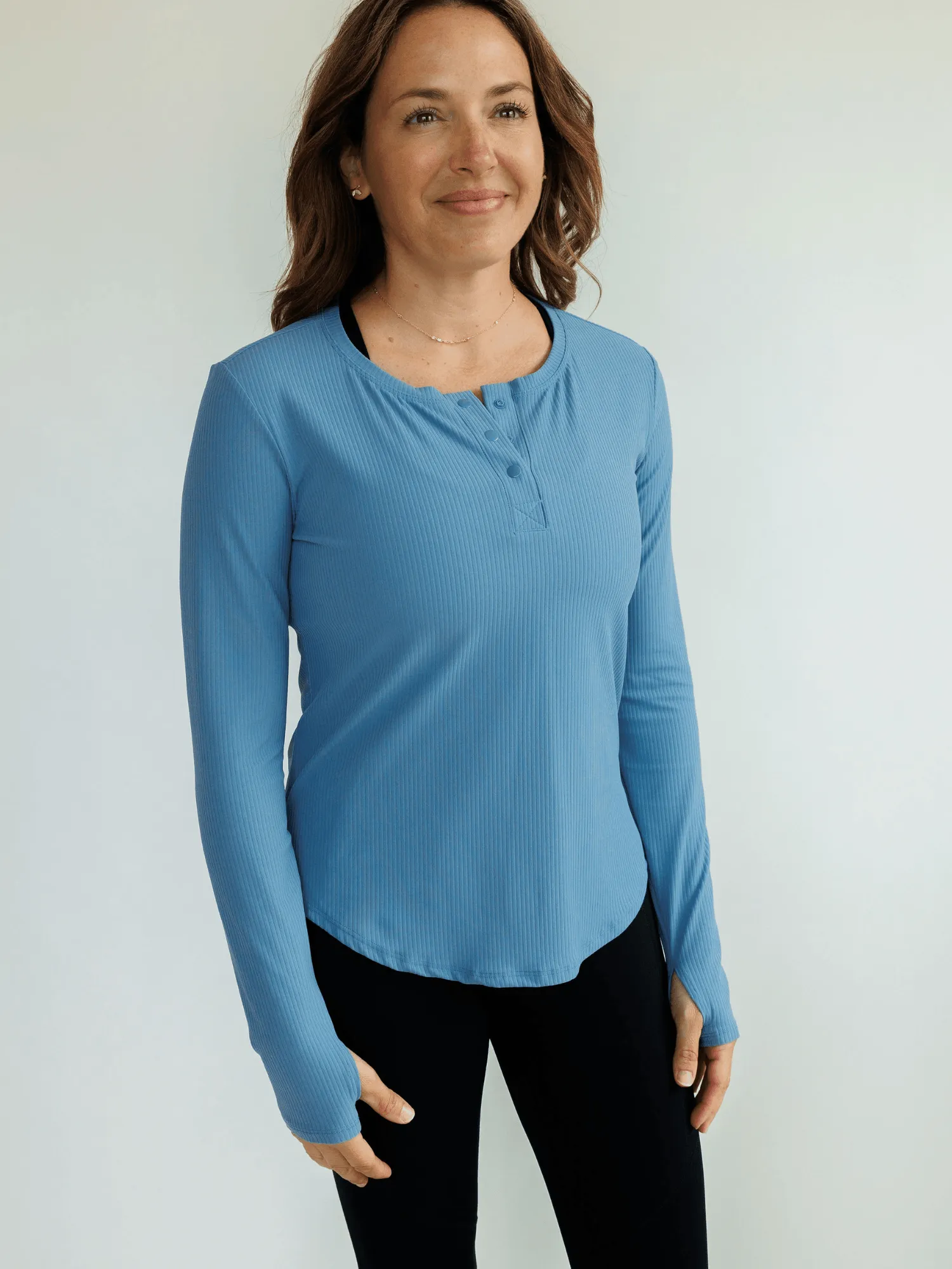 Terracotta Blue "Allie" Slim Fit Henley Long Sleeve