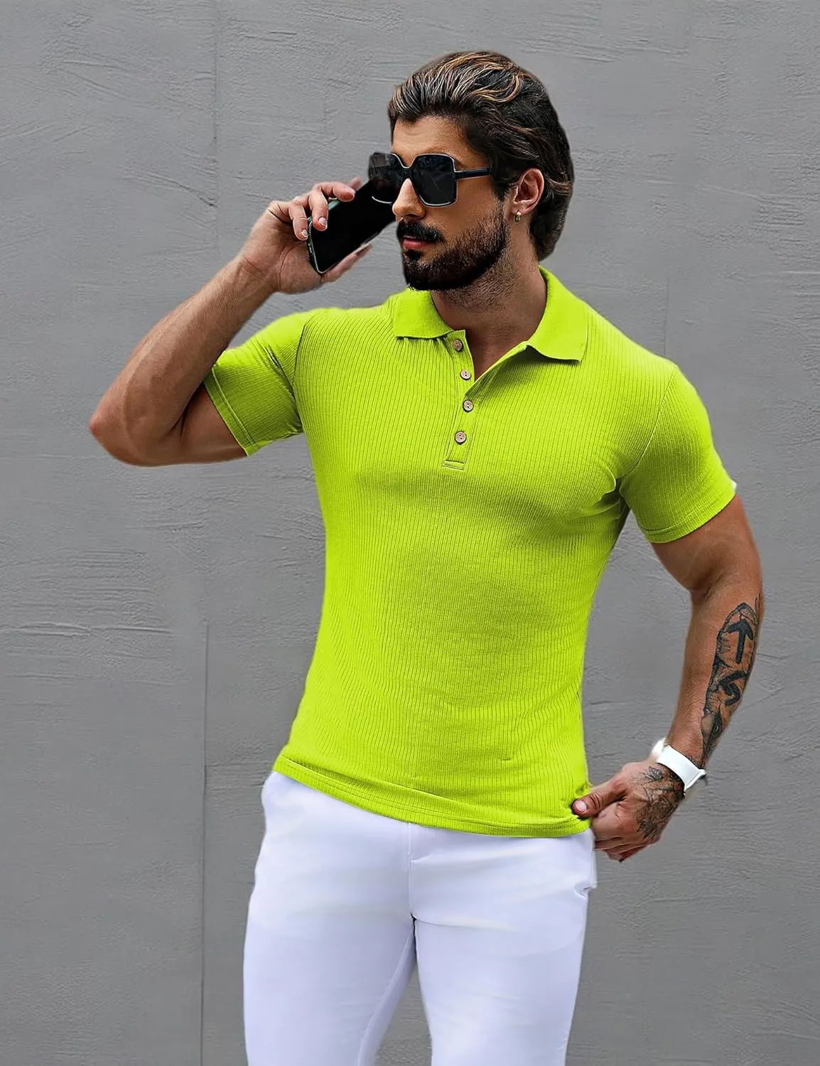 URRU Men's Muscle T Shirts Stretch Short Sleeve Workout Tee Casual Slim Fit Polo Shirt