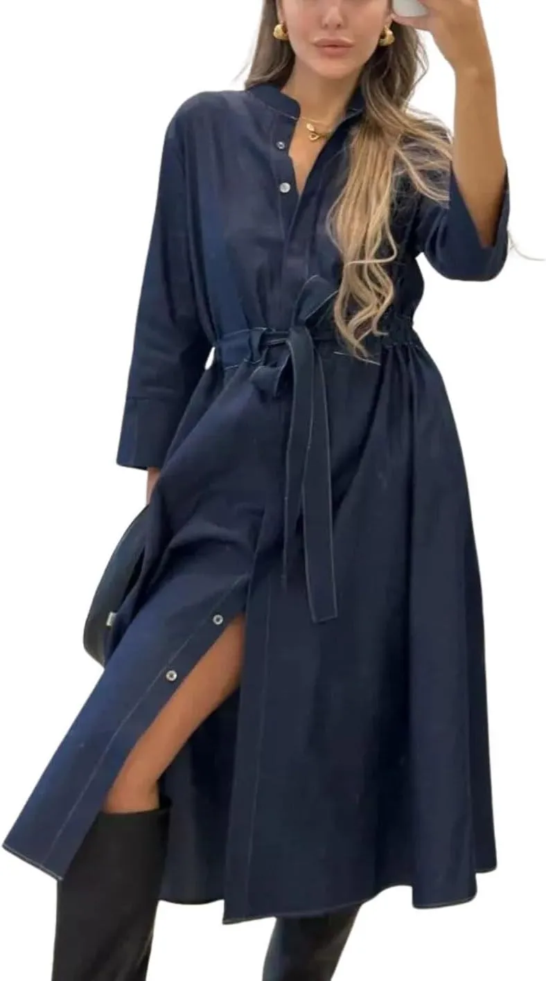 utcoco Women's 2025 Trendy Long Sleeve Cotton Maxi Shirt Dress Tie Waist Button Down Dress with Pockets