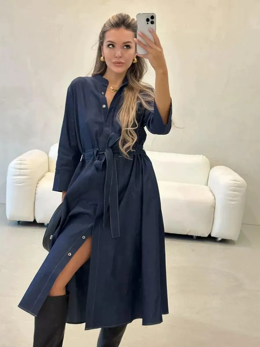 utcoco Women's 2025 Trendy Long Sleeve Cotton Maxi Shirt Dress Tie Waist Button Down Dress with Pockets