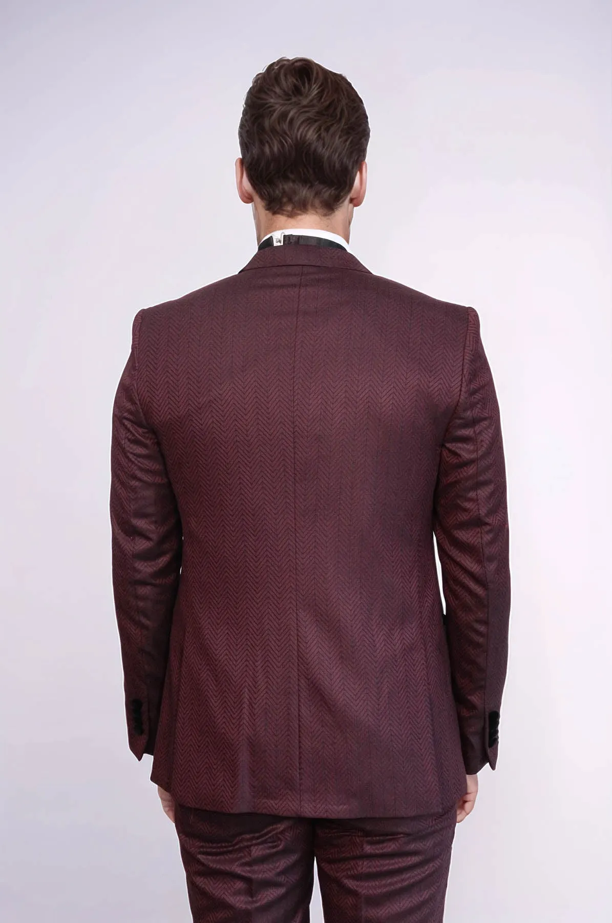 Velvet Lapel Patterned Vested Burgundy Men Tuxedo - Wessi