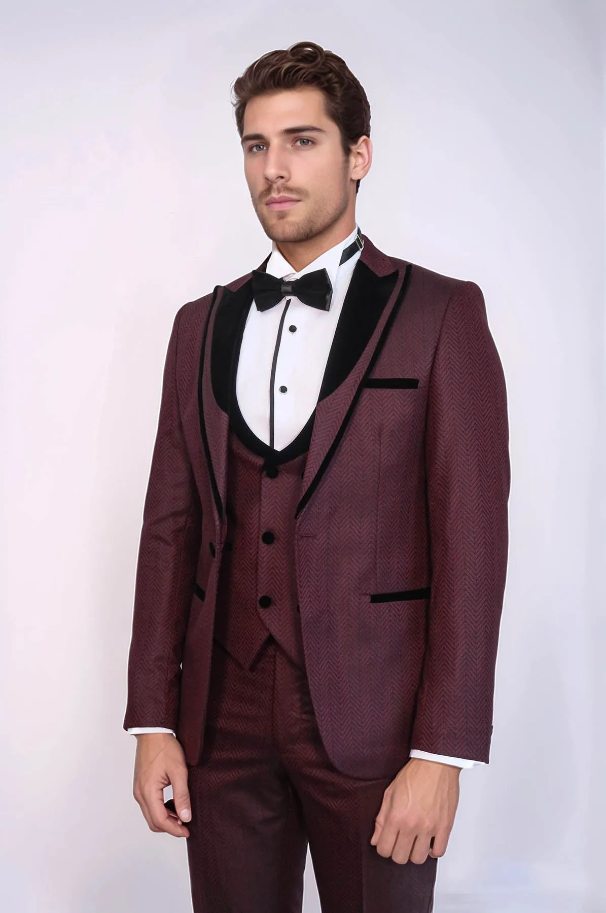 Velvet Lapel Patterned Vested Burgundy Men Tuxedo - Wessi