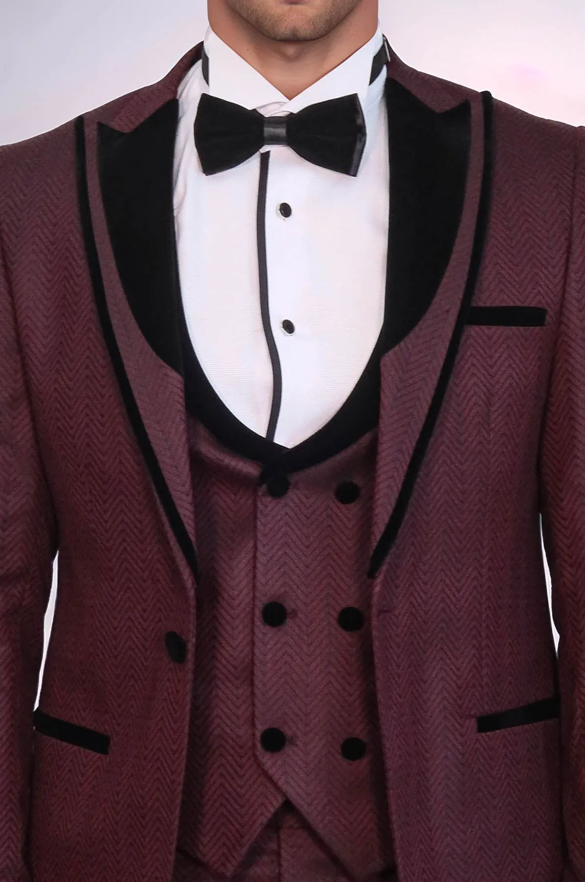 Velvet Lapel Patterned Vested Burgundy Men Tuxedo - Wessi