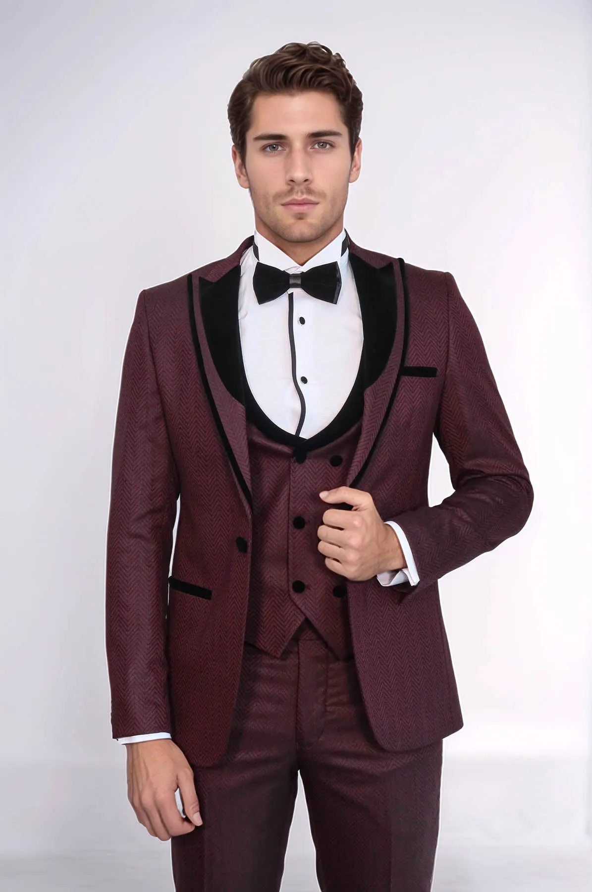 Velvet Lapel Patterned Vested Burgundy Men Tuxedo - Wessi