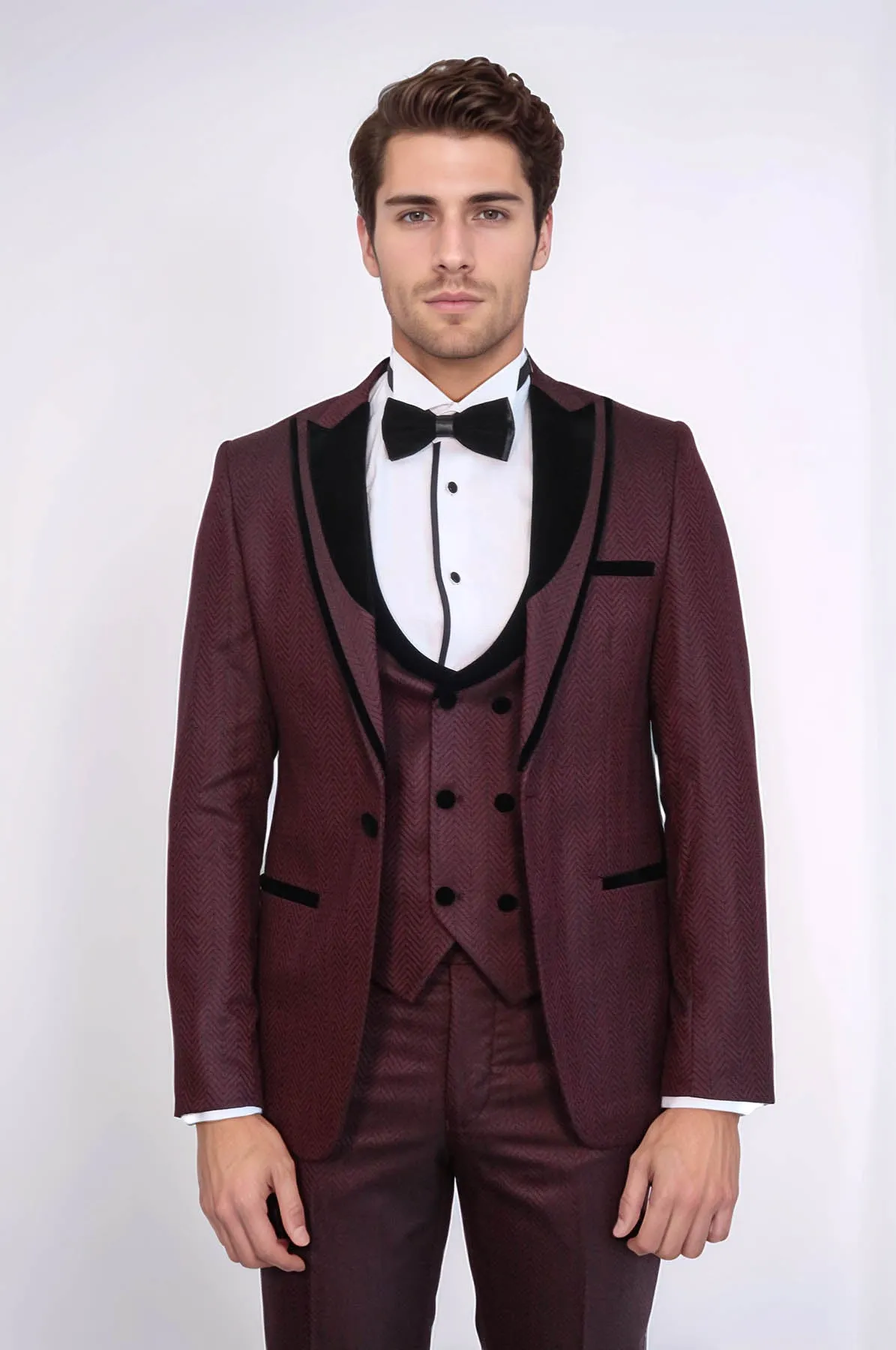 Velvet Lapel Patterned Vested Burgundy Men Tuxedo - Wessi