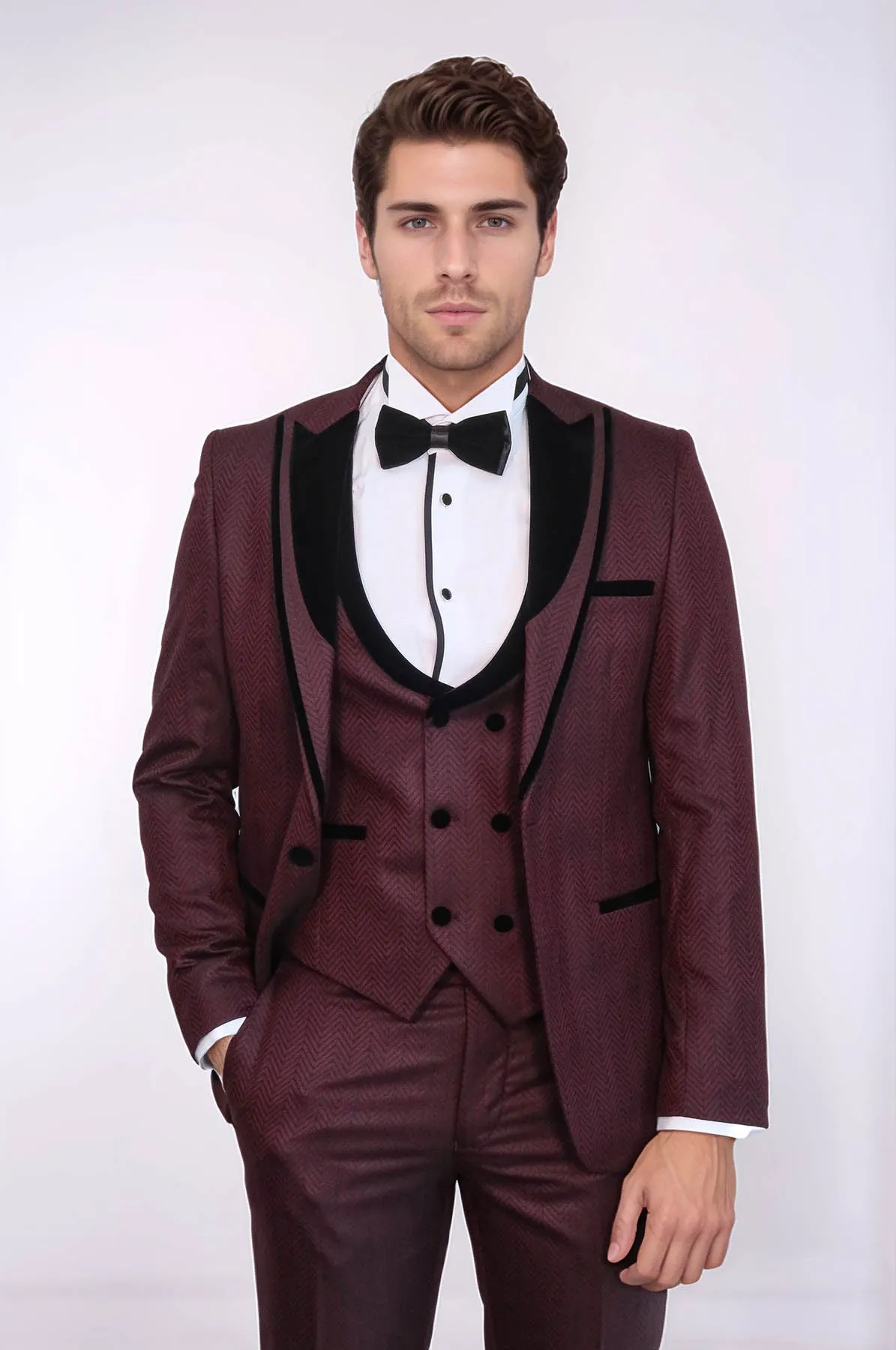 Velvet Lapel Patterned Vested Burgundy Men Tuxedo - Wessi