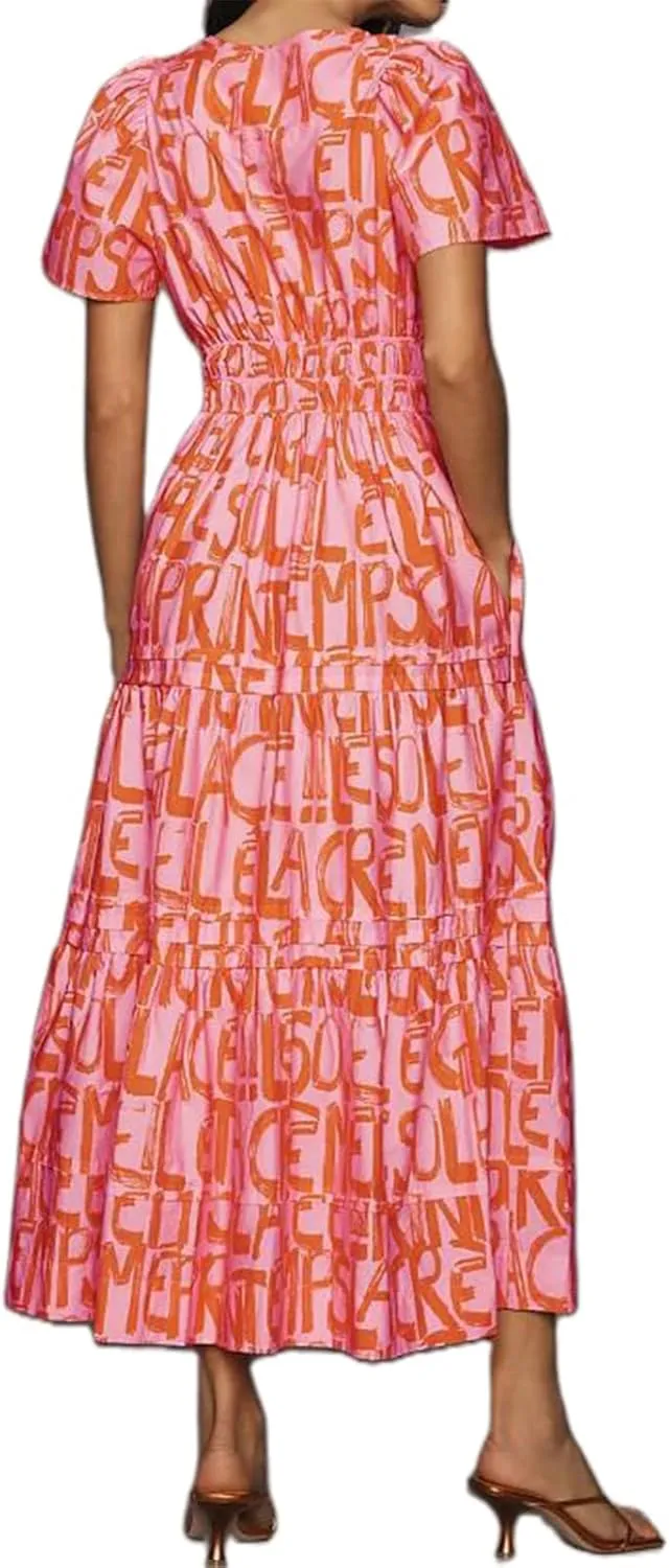 Women Boho Maxi Dress Short Sleeve V Neck Floral Print Loose Flowy Long Dress Aline Tiered Ruffle Beach Dress