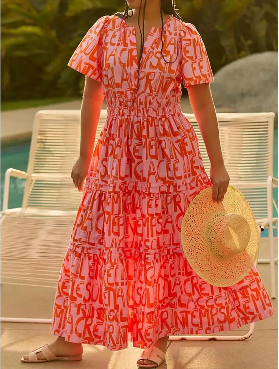 Women Boho Maxi Dress Short Sleeve V Neck Floral Print Loose Flowy Long Dress Aline Tiered Ruffle Beach Dress
