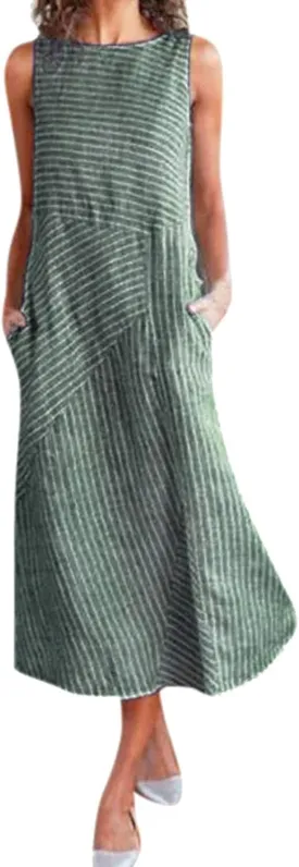 Women Linen Dress Summer Sleeveless Maxi Dress Swing Beach Dresses Boho Long Dresses Beachy with Pockects