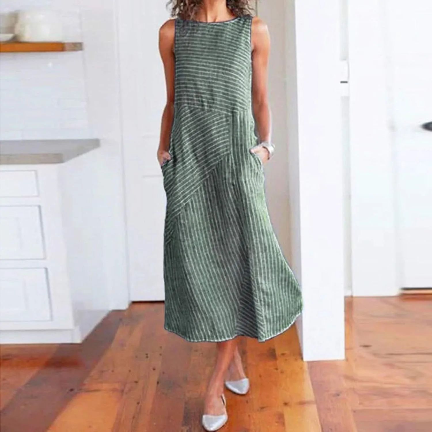 Women Linen Dress Summer Sleeveless Maxi Dress Swing Beach Dresses Boho Long Dresses Beachy with Pockects