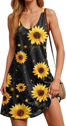 Women Summer Dresses Sleeveless Vacation Swimsuit Coverup Beach V Neck Dress with Pocket 2025 Printed Sundress