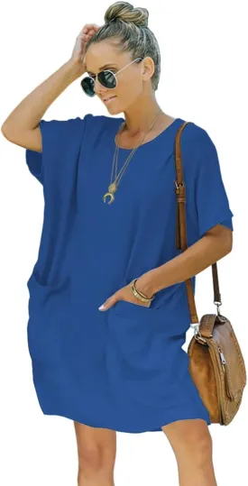 Womens Casual Summer T Shirt Dress Elastic Loose Short Sleeve Dress with Pocket for Women