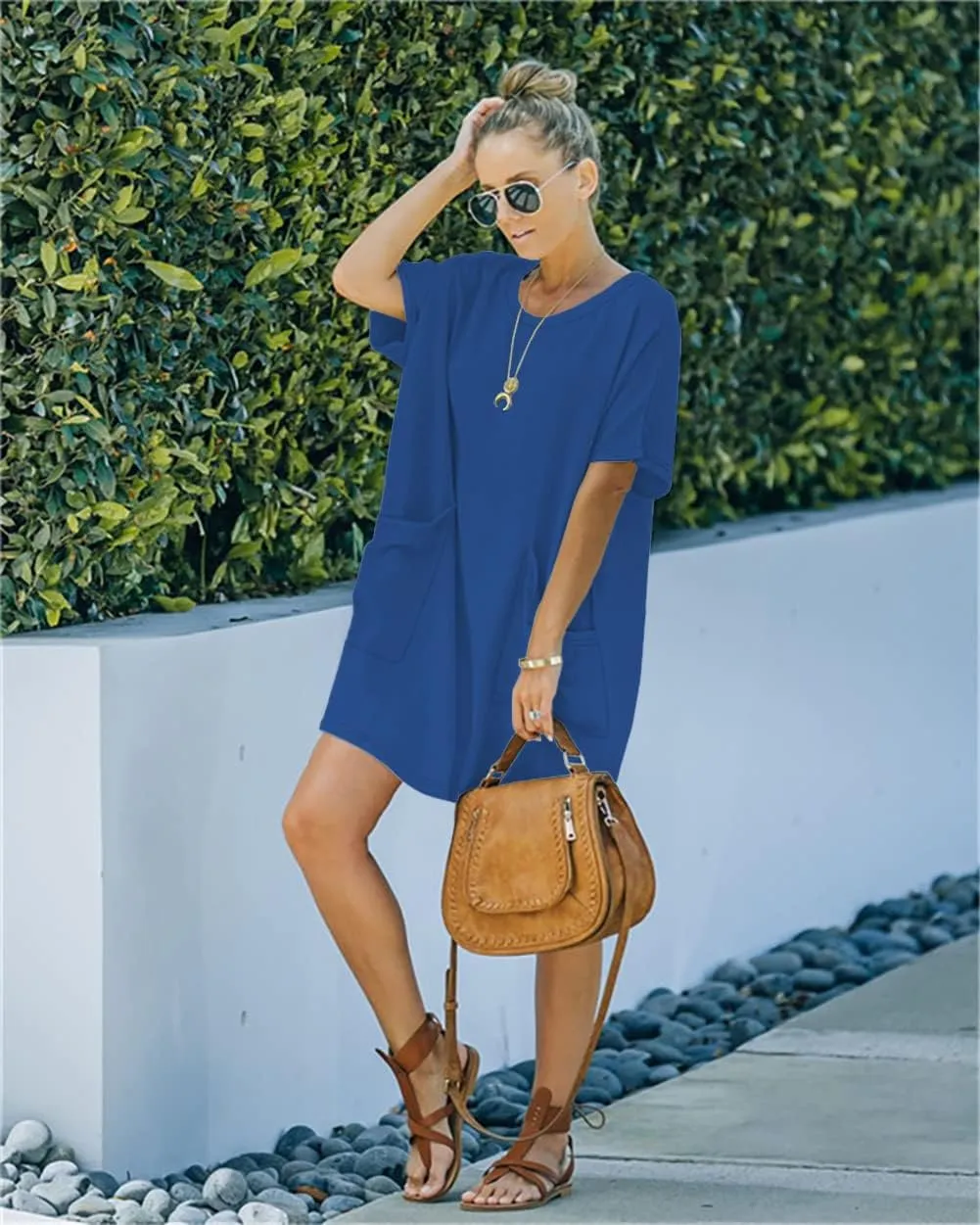 Womens Casual Summer T Shirt Dress Elastic Loose Short Sleeve Dress with Pocket for Women