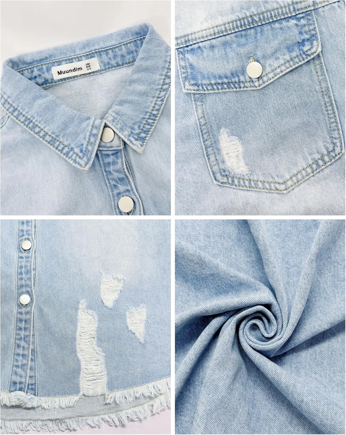 Women's Crop Denim Shirt, Oversized Long Sleeve Denim Botton Down Frayed Hem Light Jean Shirt for Women