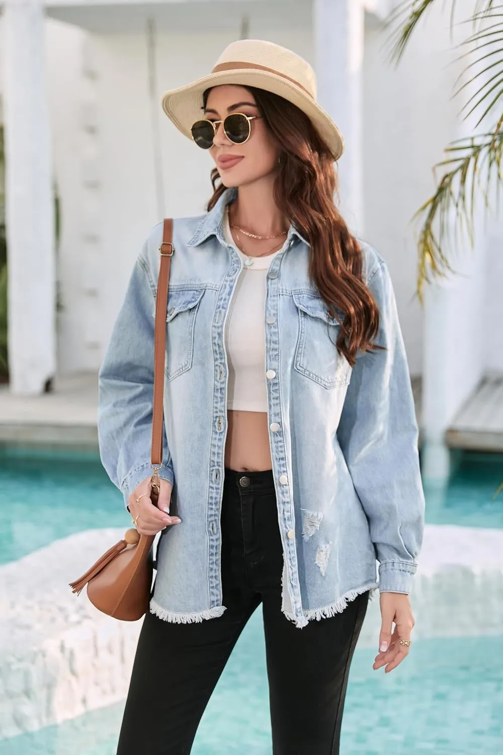 Women's Crop Denim Shirt, Oversized Long Sleeve Denim Botton Down Frayed Hem Light Jean Shirt for Women