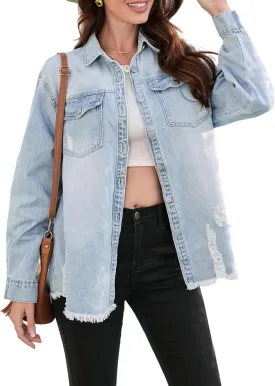 Women's Crop Denim Shirt, Oversized Long Sleeve Denim Botton Down Frayed Hem Light Jean Shirt for Women