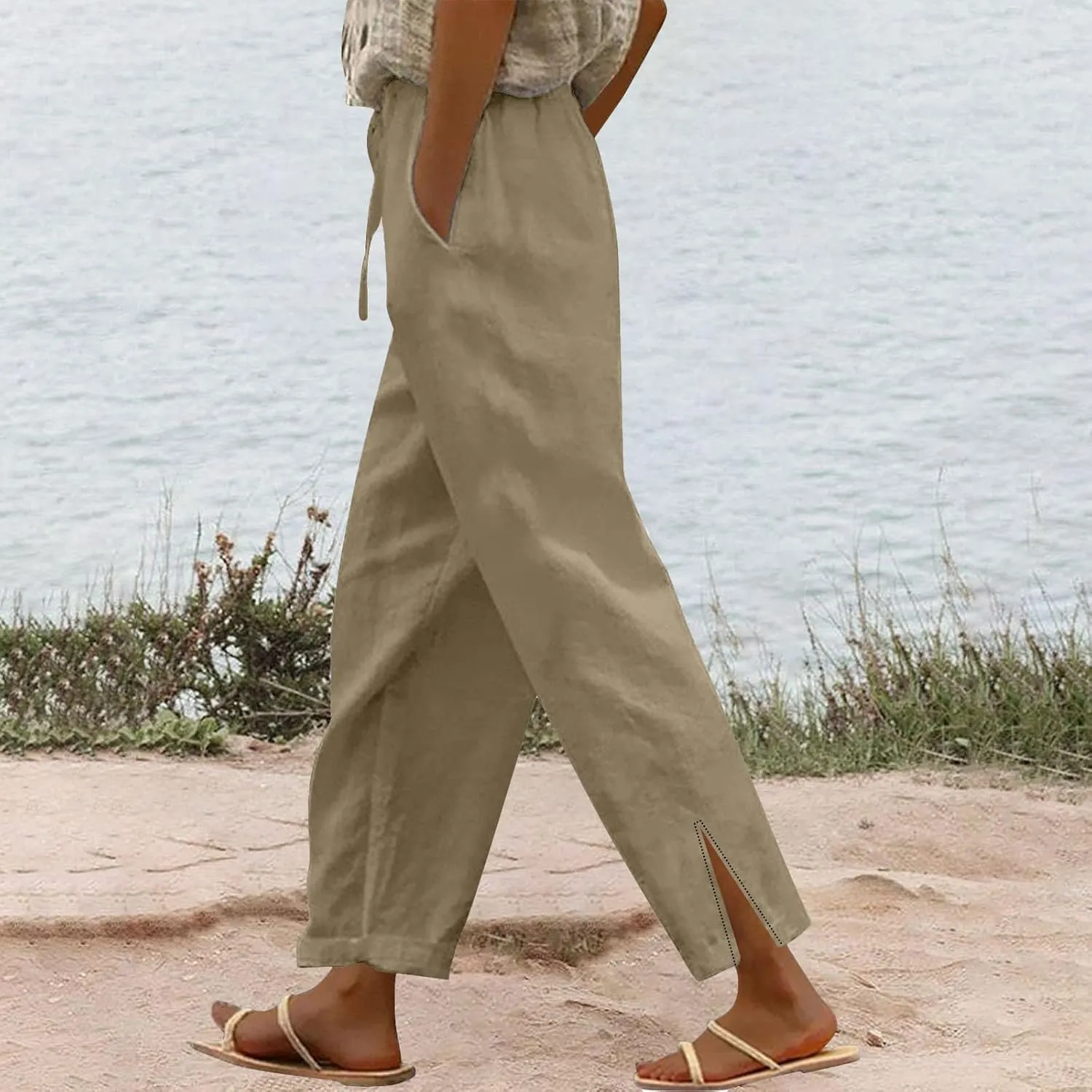 Women's Fashion Loose Casual Solid Color Cotton Linen Dressy Loose Fit Pants