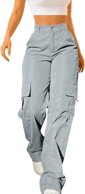 Women's High Waisted Cargo Pants Travel Y2K Streetwear Baggy Stretchy Pants with 4 Pockets Straight Leg Trousers