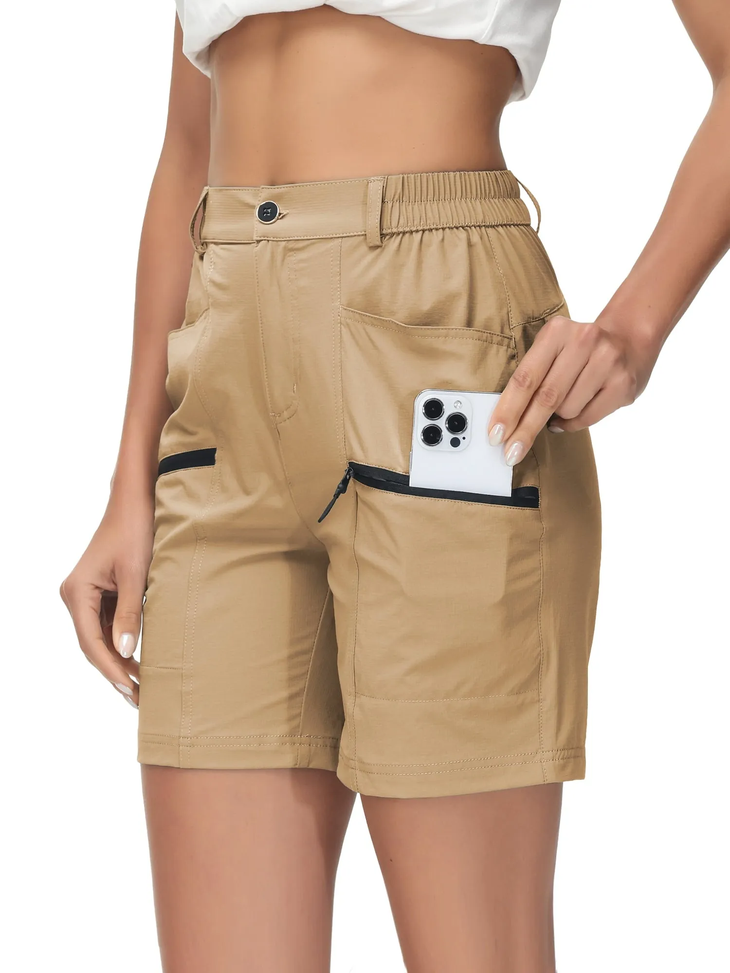 Women's Hiking Cargo Shorts Quick Dry Nylon Shorts Summer Travel Active Golf Shorts with 6 Pockets Water Resistant Light Khaki S