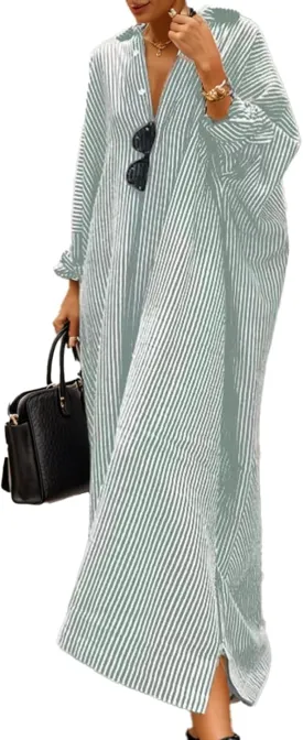 Womens Linen Maxi Dress Striped Button Down Shirt Dresses Casual Oversized Loose Fit Shirt Beach Vacation Dresses