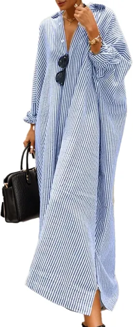 Womens Linen Maxi Dress Striped Button Down Shirt Dresses Casual Oversized Loose Fit Shirt Beach Vacation Dresses