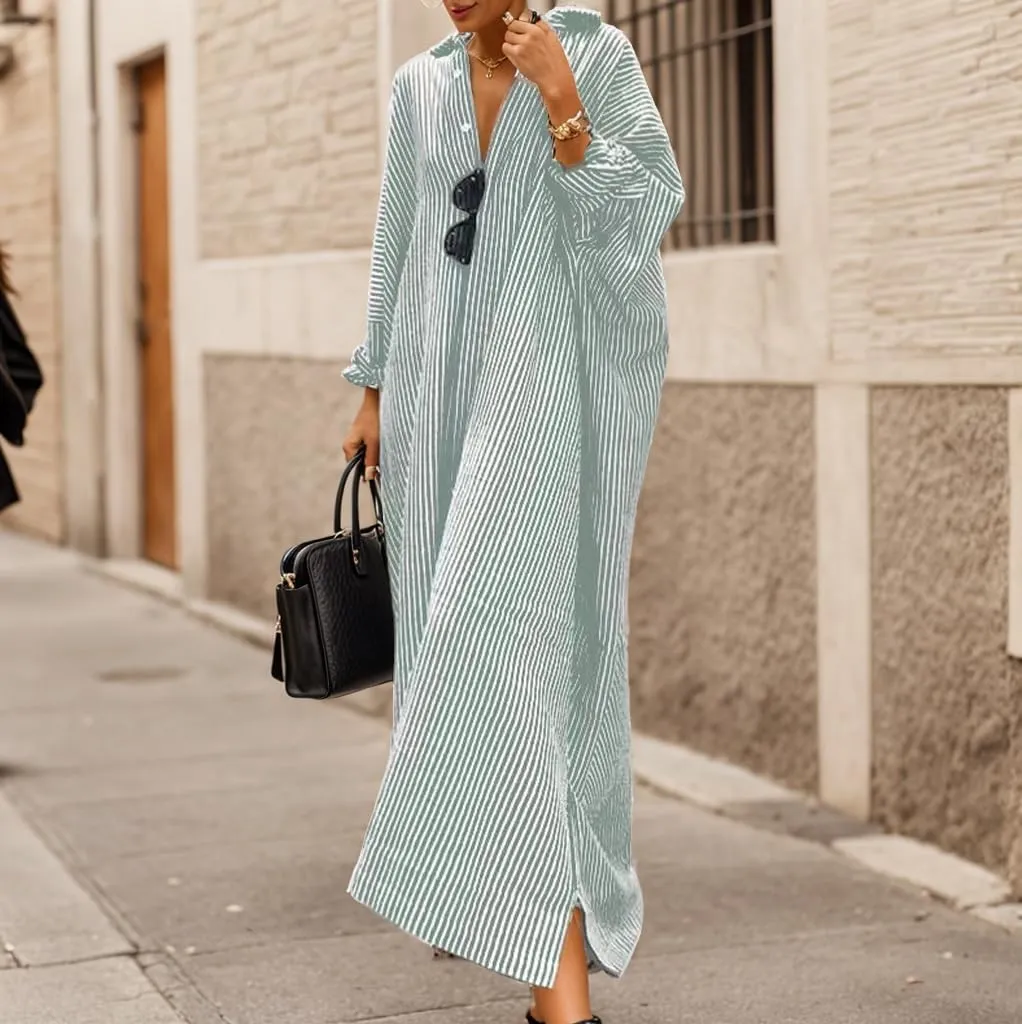 Womens Linen Maxi Dress Striped Button Down Shirt Dresses Casual Oversized Loose Fit Shirt Beach Vacation Dresses