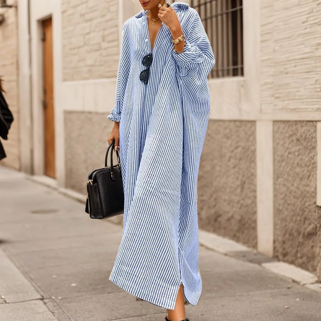 Womens Linen Maxi Dress Striped Button Down Shirt Dresses Casual Oversized Loose Fit Shirt Beach Vacation Dresses