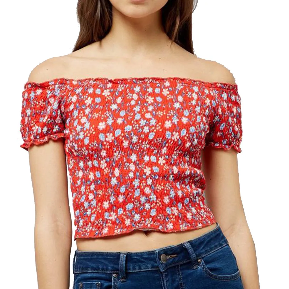 Women's Off Shoulder Floral Top,Red