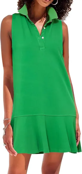 Women's Sleeveless Polo Dress Ruffle Hem Lapel V Neck Summer Shirt Mini Dresses