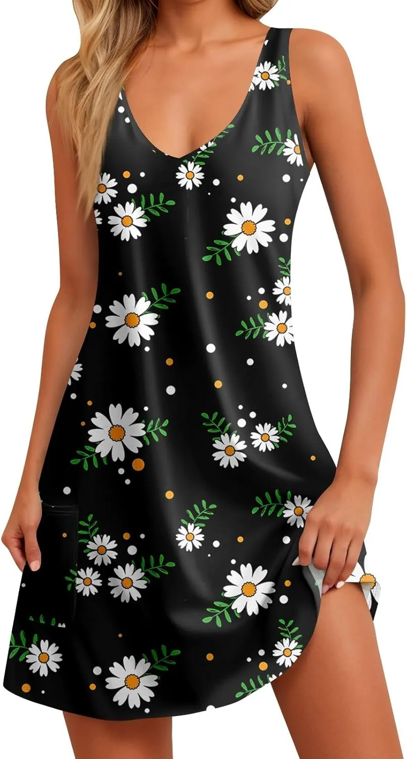Womens Summer Dresses Sleeveless Vacation Swimsuit Coverup Beach Printed Sundress Casual 2025 Dress with Pocket
