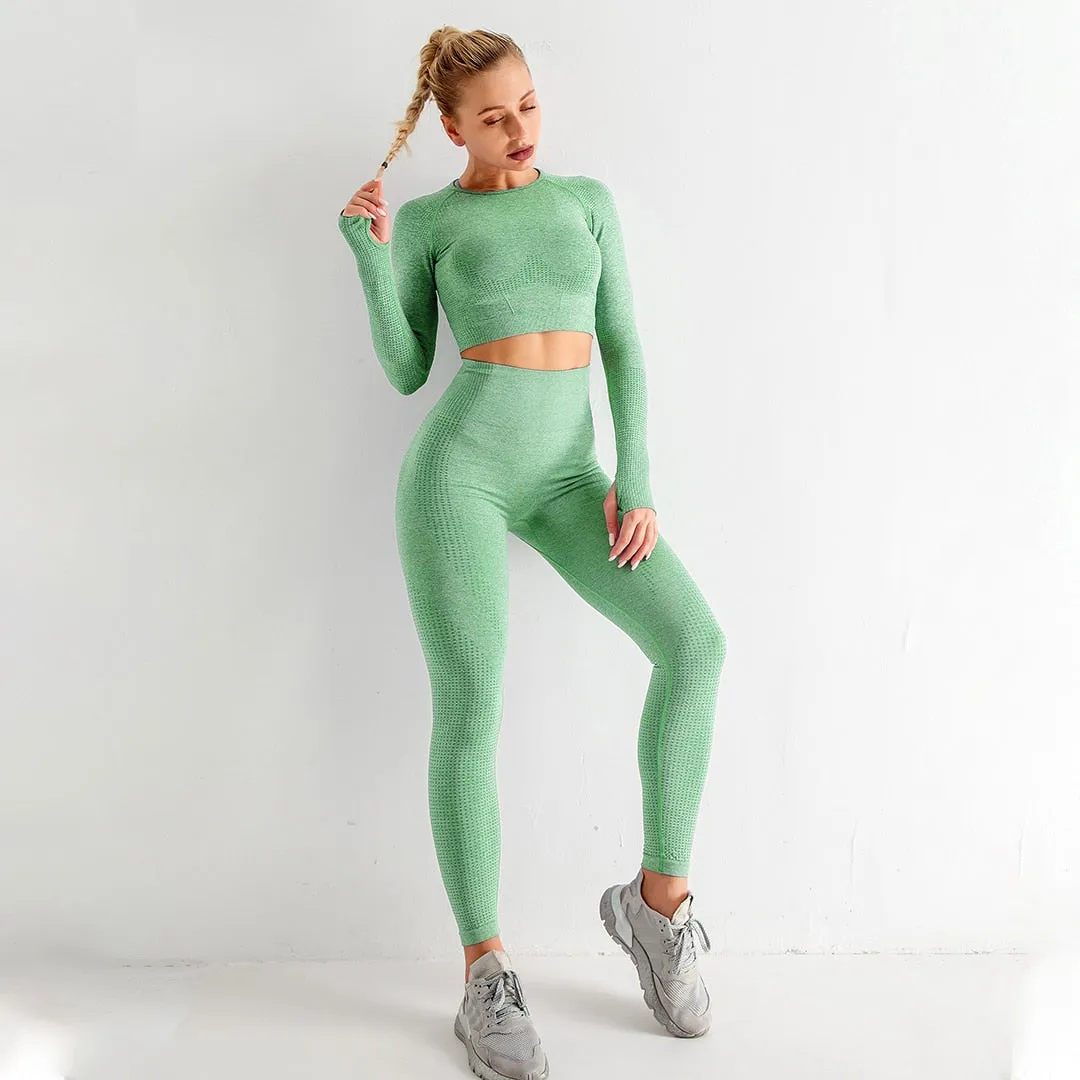 Women's Yoga Fitness Set, Long Sleeve Crop Top and High Waist Leggings