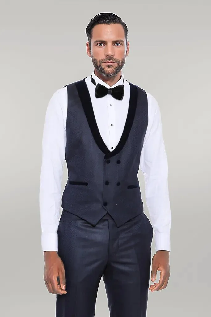 WSS Patterned Velvet Lapel Navy Blue Men Tuxedo  - Singen
