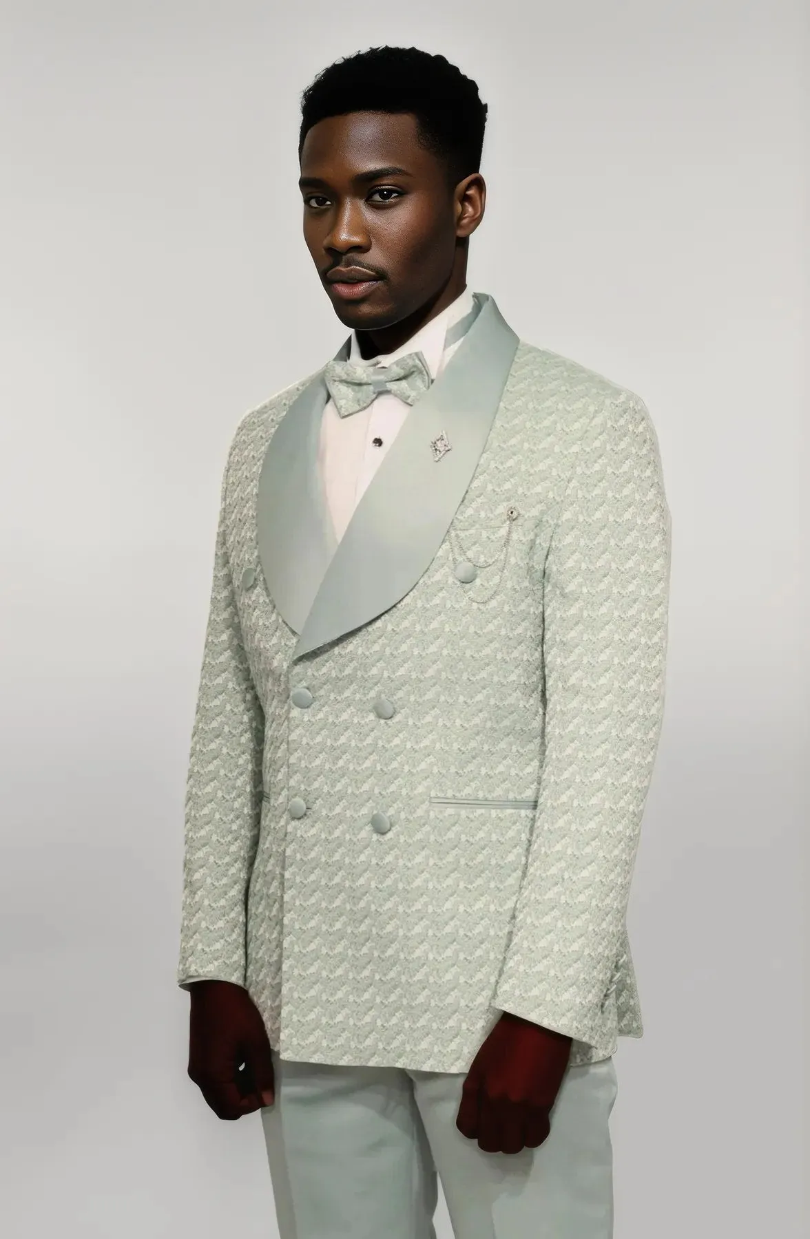WSS Satin Shawl Collar Patterned Double Breasted Sage Green Men Tuxedo Suit  - Singen