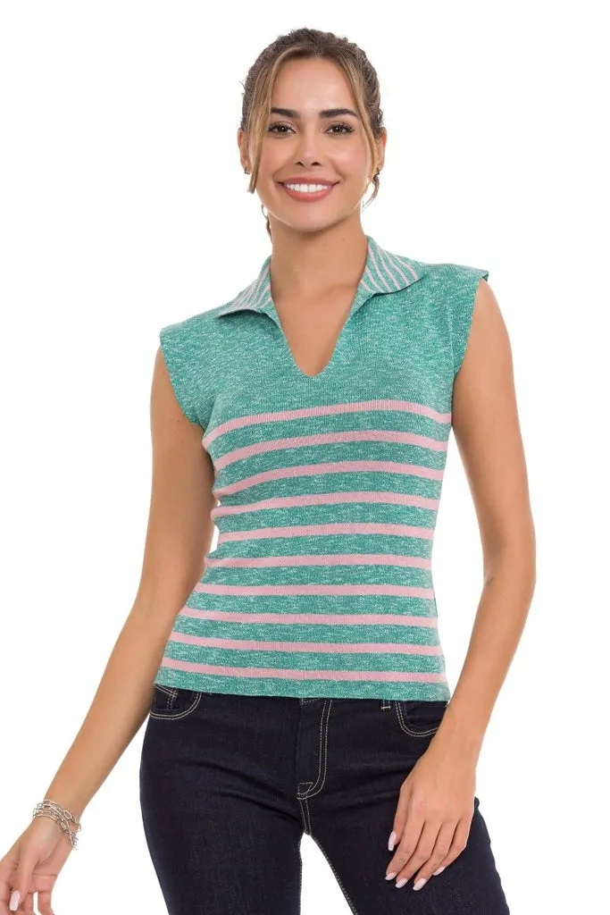 WT353 Polo Neck Striped Knitwear T-Shirt
