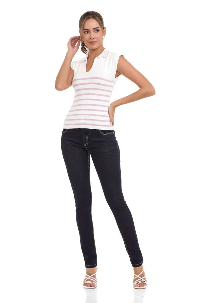 WT353 Polo Neck Striped Knitwear T-Shirt